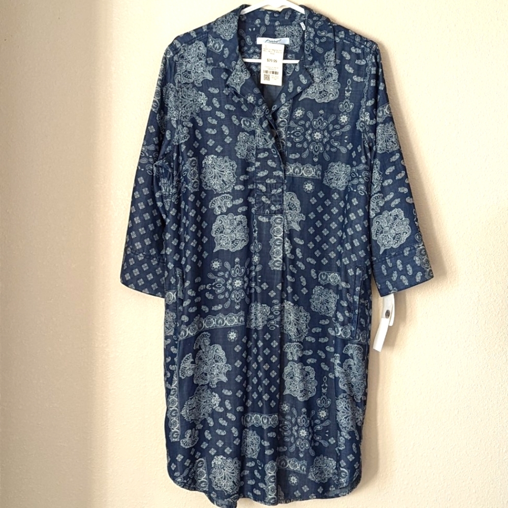 NWT Foxcroft Women's 3/4 Sleeve Nikki Bandana Paisley Denim Tencel Dress Size 12